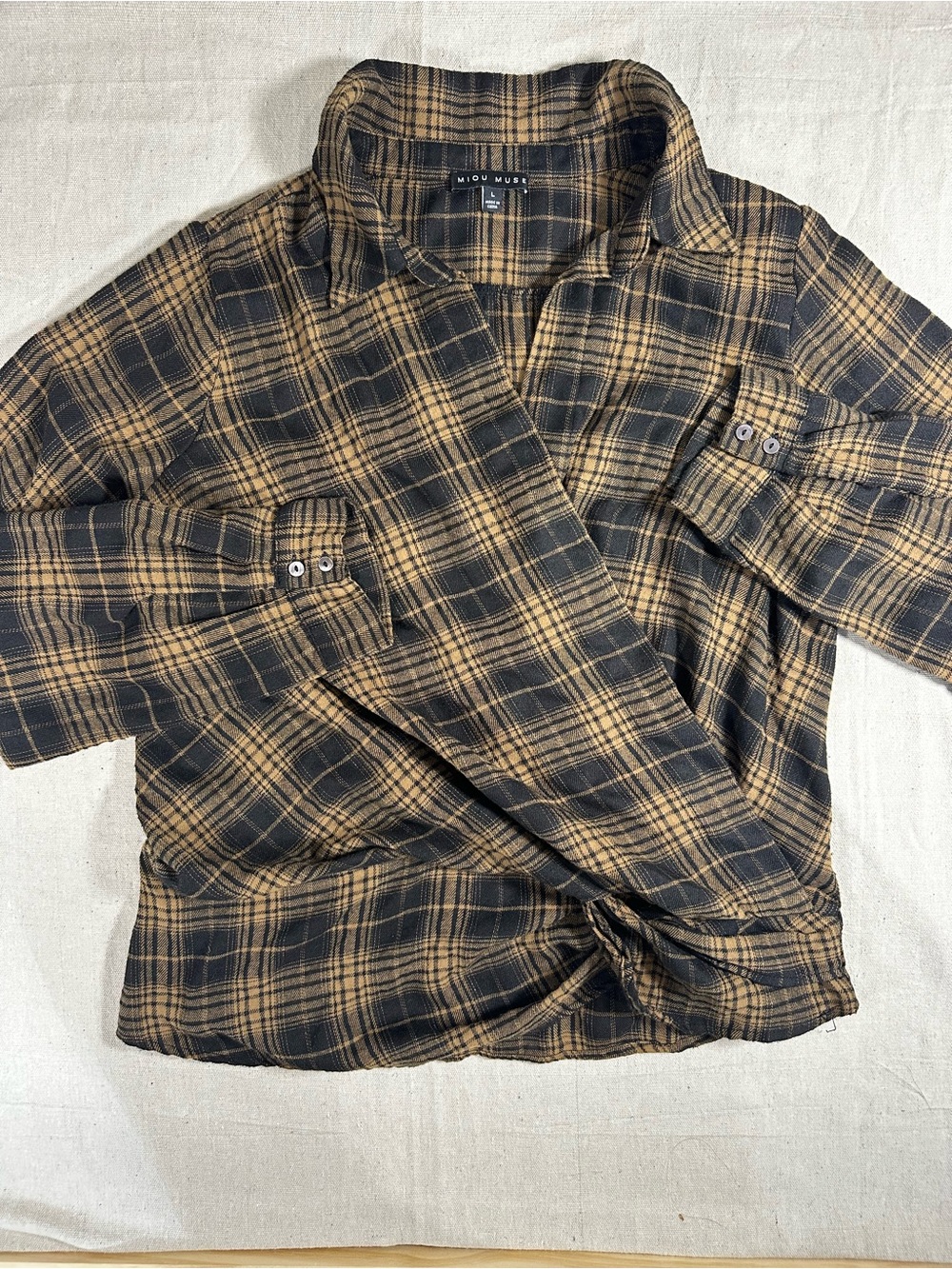 Women’s Miou Muse Black and Tan Plaid Blouse - snap button in middle